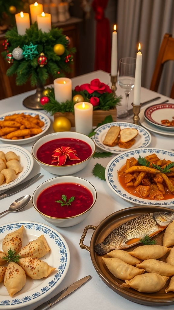 Traditional Polish Christmas Dinner Ideas Traditional Polish Christmas dinner with beet soup, fried carp, and pierogi on a festive table.
